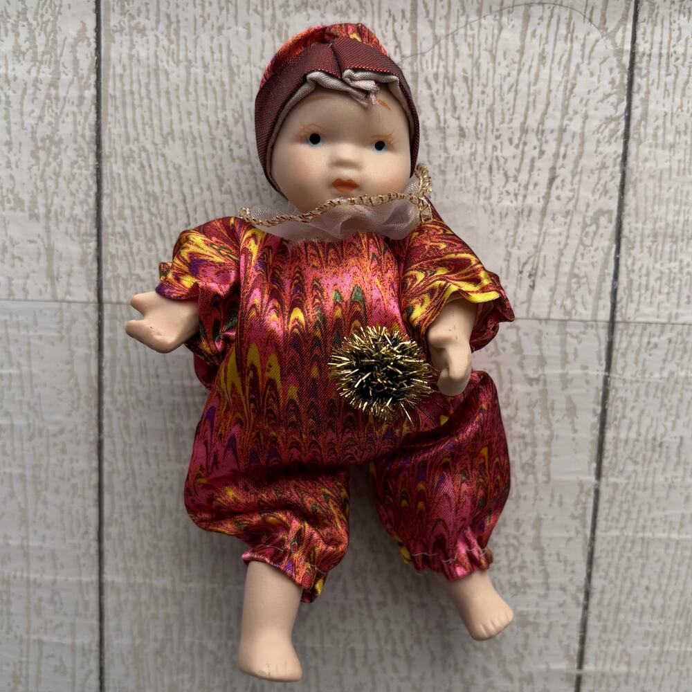 Vintage Porcelain Harlequin Clown Jester Doll Collectible